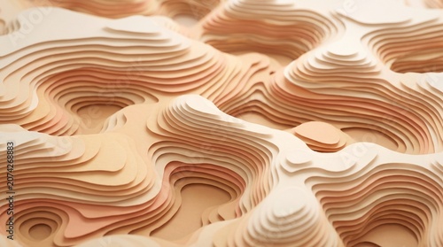 Abstract surreal landscape background with layered wavy papercut topography in warm pastel colors