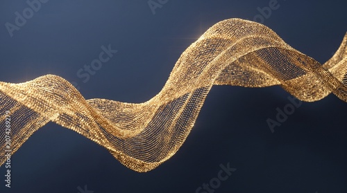 Abstract premium tech background with dynamic flowing golden metallic particles forming a smooth wave on dark blue backdrop