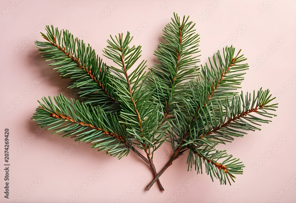 Fototapeta premium Two pine tree branches on pink background