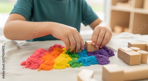 Child playing with colorful kinetic sand and wooden blocks on a table.