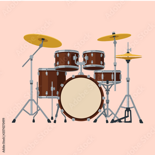 Картината върху платно A professional acoustic drum kit set on a pink background