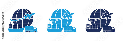 Global Logistics and Supply Chain Management Icons Featuring Plane Ship Truck and Globe.