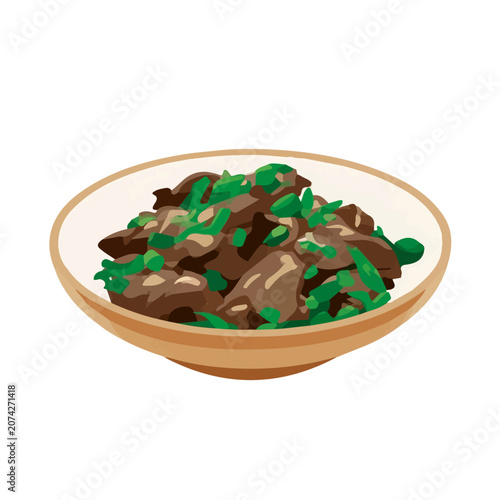 Quadro su tela Mongolian Beef, flat 2D illustration, minimal modern design, clean shapes, isolated on a white background