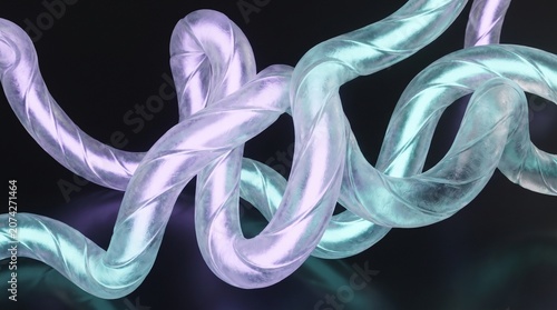 Abstract futuristic background with frosted translucent twisted glass tubes and glowing neon cores