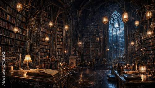 Dark fantasy library with towering bookshelves, ancient books, gothic architecture, and moonlight through a large window