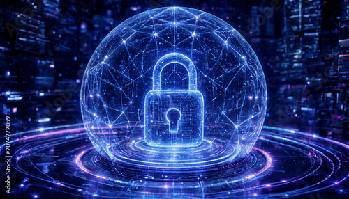 Digital Lock Icon Encased in a Glowing Blue Geometric Sphere with Network Connections security padlock