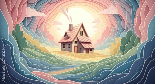 Whimsical Watercolor House in a Dreamy Landscape with Vibrant Colors.