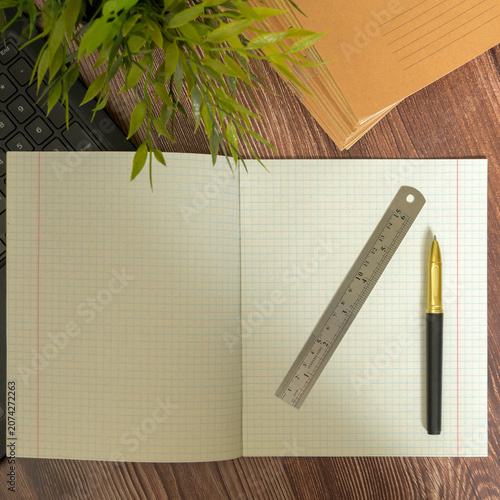 metal ruler and a pen on an open squared notebook close up on a wooden background