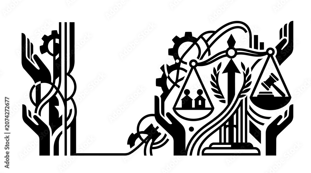 Fototapeta premium Justice Scales and Hands Symbolizing Fairness, Law, and Industry