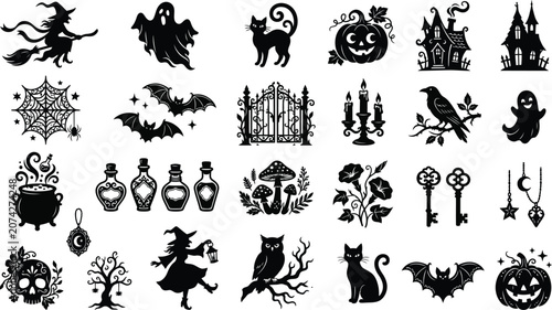 Set of black silhouette icons for halloween featuring witches cats pumpkins ghosts bats haunted houses cauldrons skulls and various spooky gothic design elements