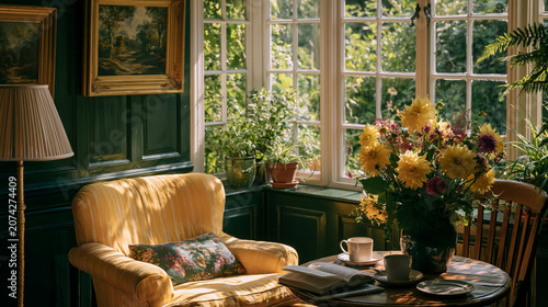 Cozy cottagecore sunroom interior with armchair, book, coffee, and fresh flowers, creating a peaceful retreat