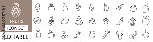 Fruits and vegetables line icon set vector illustration