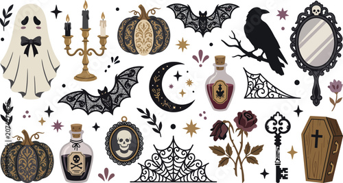 Set of hand drawn halloween elements featuring a ghost pumpkin raven bat moon potion bottle mirror skull key and coffin on white background