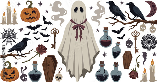 A collection of hand drawn halloween elements featuring a ghost pumpkins ravens bats potions candles skulls and vintage keys on white background