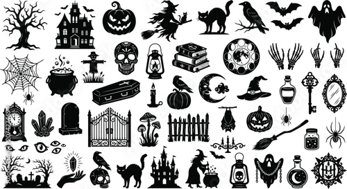 A comprehensive collection of black silhouette icons featuring various spooky halloween elements like pumpkins ghosts witches cats skulls and haunted house architectural structures