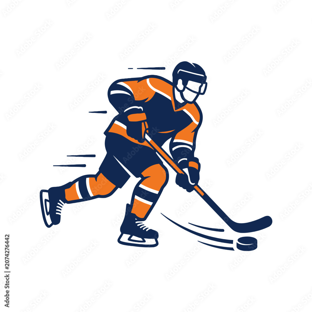 Obraz premium A dynamic ice hockey player skating with a puck on white