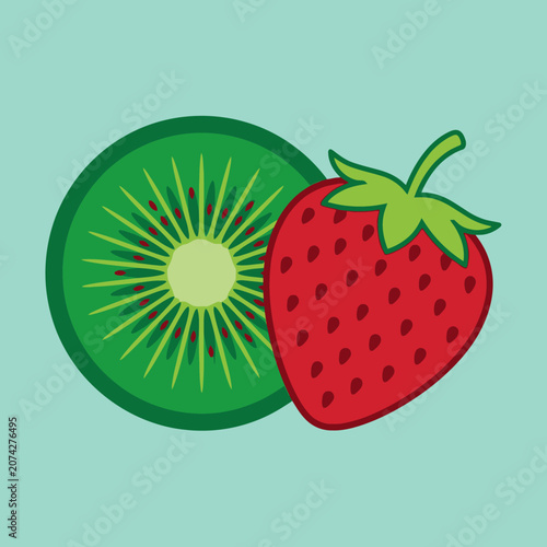 A colorful illustration of a kiwi slice and a strawberry