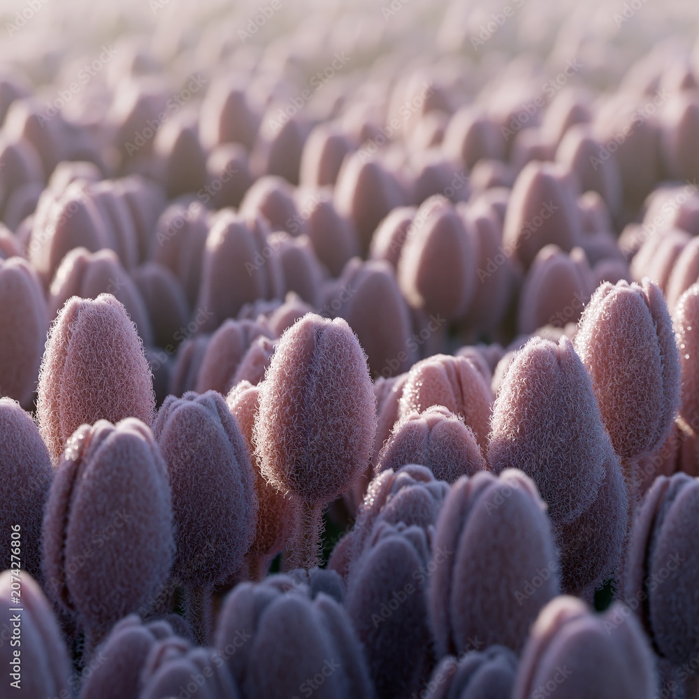Obraz premium Frozen Pastel Tulip Buds Glowing in Soft Sunrise Light with Delicate Frost Texture