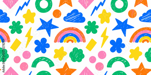 Canvastavla Colorful hand drawn shapes seamless vector pattern on white background