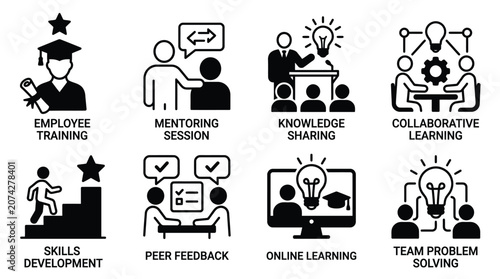 Employee Training and Workplace Learning Illustration Icons Set with Mentoring and Team Development Concepts
