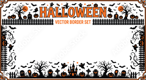 Halloween vector border set with spooky pumpkins bats and tombstones