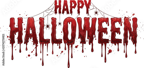 Helloween typography dripping blood text with spiders for horror designs and seasonal marketing