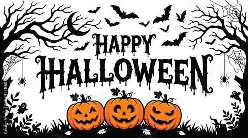 Happy helloween spooky jack o' lanterns bats and creepy tree branch halloween illustration