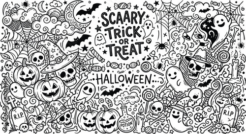 Scary halloween doodle art trick or treat illustration with pumpkins ghosts and spooky elements