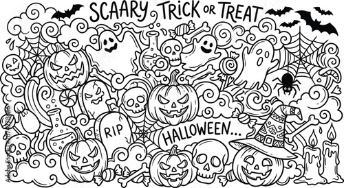 Helloween doodle art spooky black and white halloween illustration for trick or treat designs