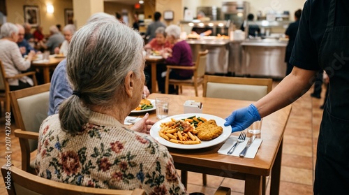 Caregiver serving healthy hot meal to elderly woman in nursing home dining room. Senior care and assisted living facility concept.