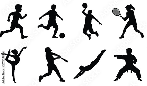 Foto Children Sports Silhouette Vector Collection Featuring Soccer Basketball Tennis