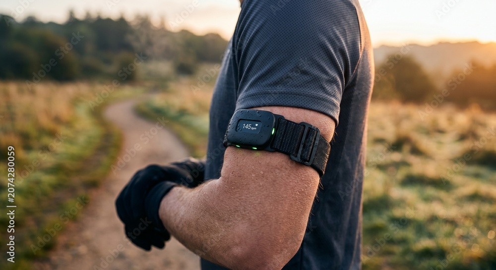 Fototapeta premium Wearable Heart Rate Tracker Band on Runner Arm at Sunrise