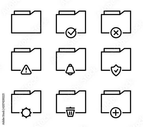 Simple folder management line icons set including secure folder, add folder, delete folder, folder alerts, notifications and access status symbols for UI design.