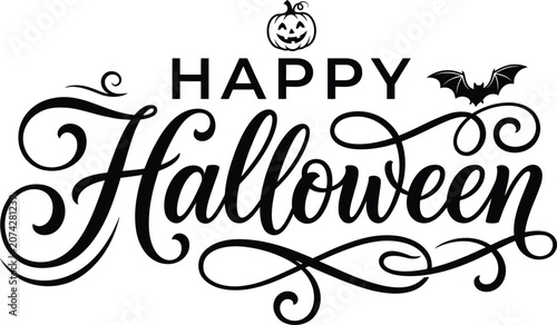 Helloween typography elegant calligraphy 'happy helloween' with pumpkin and bat graphics