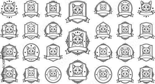 Vintage Cat Badge and Heraldic Emblem Collection Featuring Feline Mascot Frames Shields Ribbons and Decorative Vector Logos
