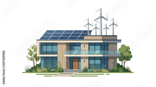 Modern Eco House with Solar Panels and Wind Turbines