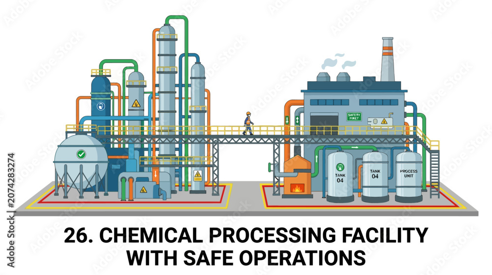 Obraz premium Industrial Chemical Processing Plant with Pipelines and Storage Tanks
