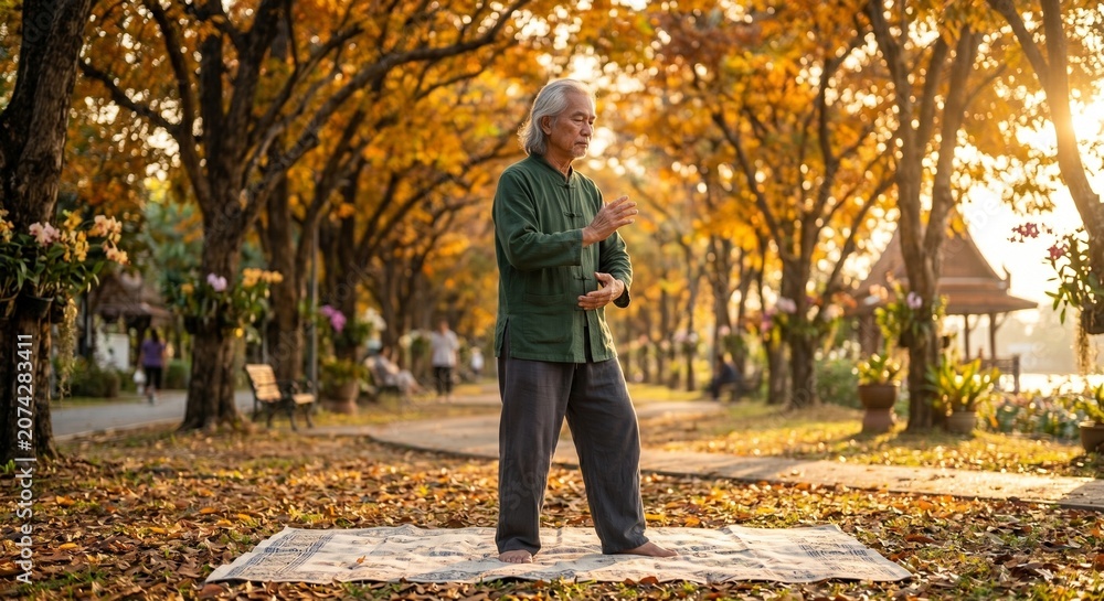 Fototapeta premium Senior Man Practicing Qigong Breathing Exercises in Autumn Park