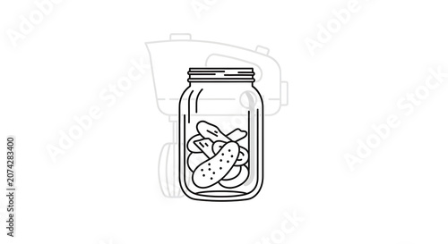 Line art illustration of a glass jar filled with pickles in front of a hand mixer