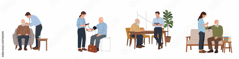 Obraz premium Illustrations of healthcare professionals providing home care services, including medical checkups and blood pressure monitoring for an elderly man in a home environment.