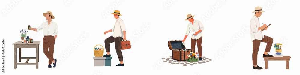 Fototapeta premium Set of flat vector illustrations of a man in a straw hat engaged in activities related to herbalism, apothecary, and natural medicine research.