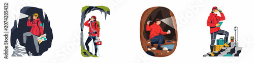 Bild auf Leinwand Set of illustrations depicting professional speleologists exploring underground caves, conducting research, and using specialized equipment for geological and scientific discovery