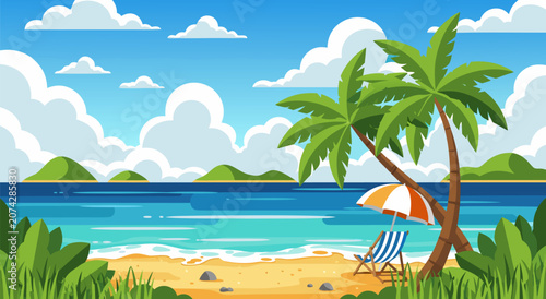 Obraz na plátně Tropical Beach Vacation Scene Illustration Vector Design Featuring Palm Trees an