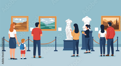 Konstfotografi Group of People Visiting an Art Museum Gallery Exhibit Vector Illustration Desig