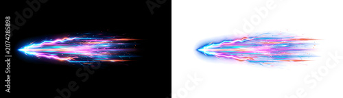 Glowing neon light trails, colorful abstract effects, motion blur, vibrant streaks, dark and white backgrounds