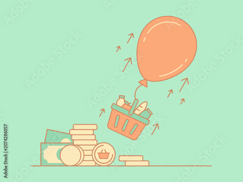Obraz na plátně A balloon lifts a shopping basket showing rising prices