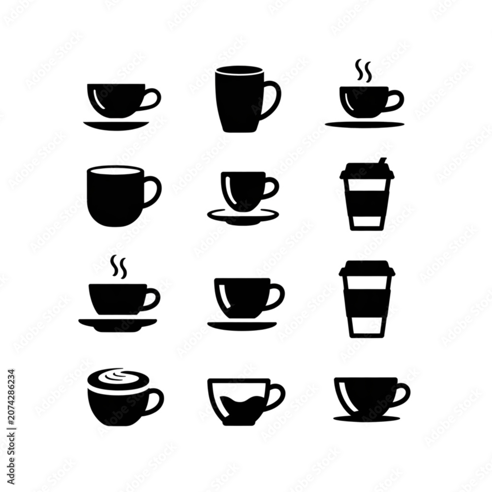 Obraz premium Coffee cup icons set featuring mugs, takeaway cups, and hot drink symbols for cafe menu branding design