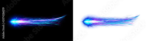 Glowing neon light trails, blue purple effects, motion blur, abstract streaks, colorful graphics