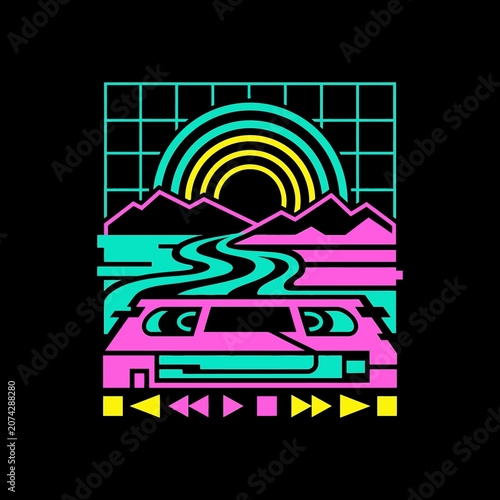 Tableau sur toile Retro neon videotape landscape graphic on black background