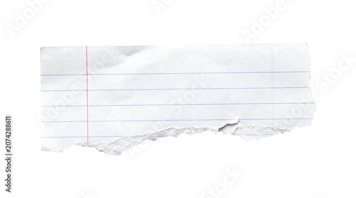 Torn piece of lined paper with blue lines and red margin isolated on transparent background